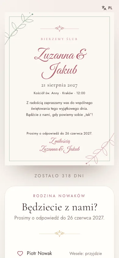 Zaproszenie online z potwierdzeniem na smartfonie